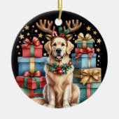 Golden Retriever Weihnachts-Rentier-Geschenke Keramik Ornament (Vorne)