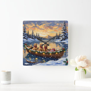 Golden Retriever Weihnachtsboot-Feiertag Quadratische Wanduhr