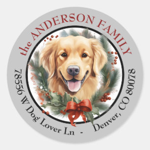 Golden Retriever Weihnachtskranz-Rücksendeadresse Runder Aufkleber