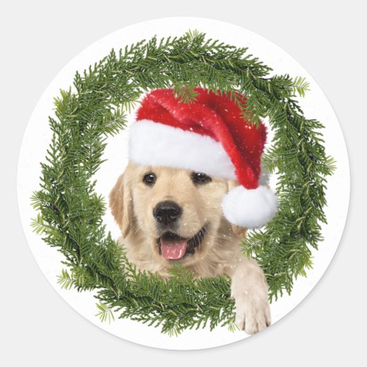 Golden Retriever Weihnachtskranz Runder Aufkleber (Vorderseite)