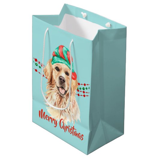 Golden Retriever Weihnachtsmannmütze Holiday Strin Mittlere Geschenktüte (Vorderseite Schrägansicht)