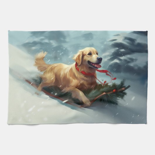 Golden Retriever Weihnachtsschnee Winter Geschirrtuch (Horizontal)