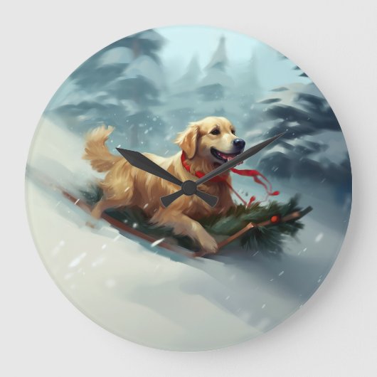 Golden Retriever Weihnachtsschnee Winter Große Wanduhr (Vorderseite)