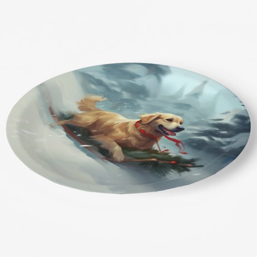 Golden Retriever Weihnachtsschnee Winter Pappteller (Schrägansicht)
