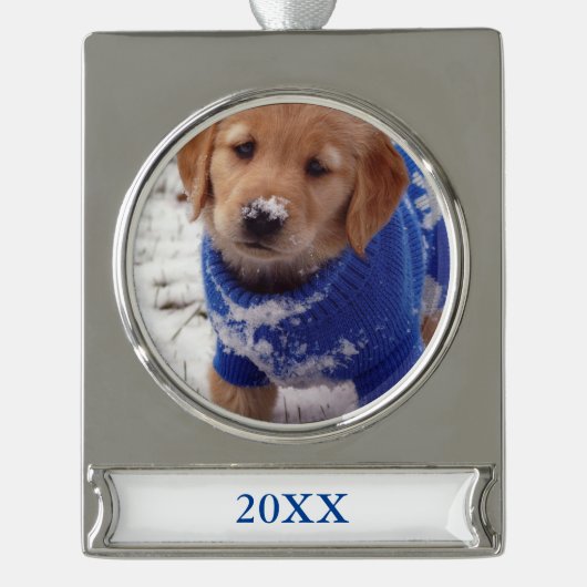 Golden retriever-Welpe Banner-Ornament Silber (Vorderseite)