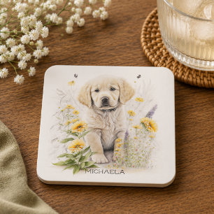 Golden Retriever Welpe Blumen Personalisierter Nam Getränkeuntersetzer