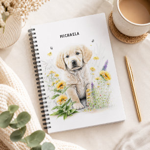 Golden Retriever Welpe Florales Monogramm Name Notizblock