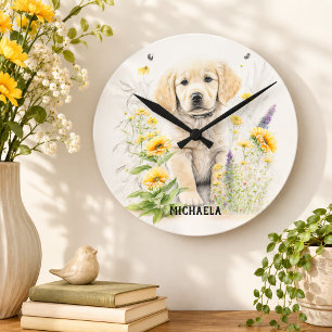 Golden Retriever Welpe Florales Personalisierter N Runde Wanduhr