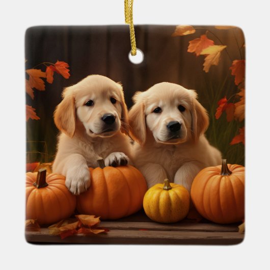Golden Retriever Welpe Herbst Kürbis Keramikornament (Vorderseite)