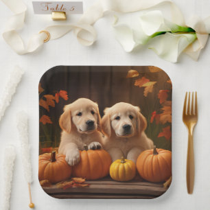 Golden Retriever Welpe Herbstfreude Kürbis  Pappteller