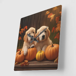 Golden Retriever Welpe Herbstfreude Kürbis  Quadratische Wanduhr