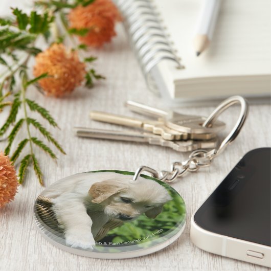 Golden retriever-Welpe im Korb Schlüsselanhänger (Vorderseite rechts)