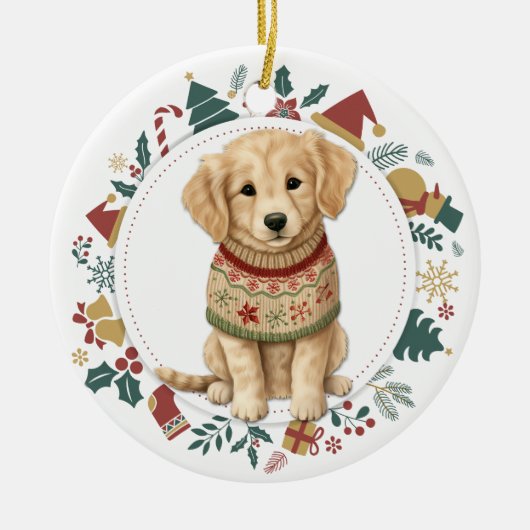 Golden Retriever Welpe im Winter Sweep Weihnachten Keramik Ornament (Vorne)