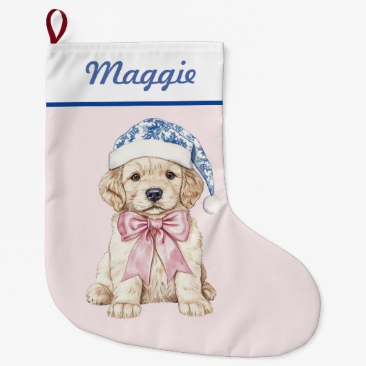 Golden Retriever Welpe in Blue Damask Weihnachtsma Großer Weihnachtsstrumpf (Vorderseite)