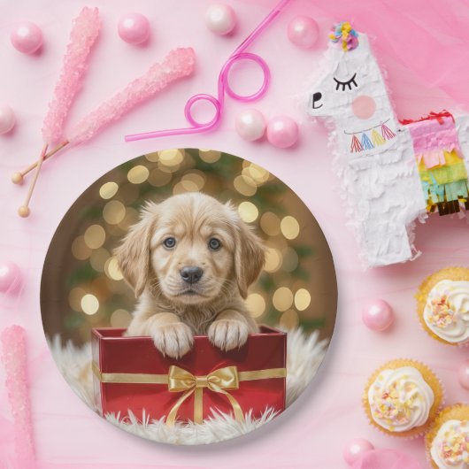 Golden Retriever Welpe in Christmas Box Pappteller (Party)