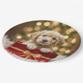 Golden Retriever Welpe in Christmas Box Pappteller (Schrägansicht)