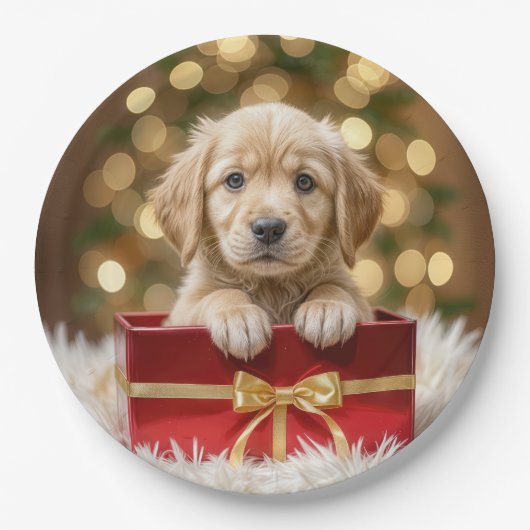 Golden Retriever Welpe in Christmas Box Pappteller (Vorderseite)