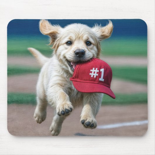 Golden Retriever Welpe mit #1 Red Baseball Cap Mousepad (Vorne)
