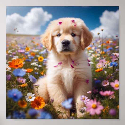 Golden Retriever Welpe mit Blume Poster (Vorne)