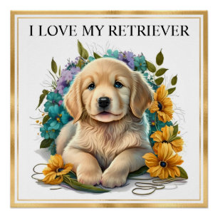 Golden Retriever Welpe mit Goldrahmen Poster
