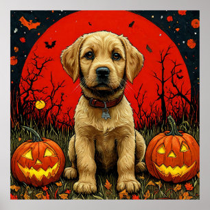 Golden Retriever Welpe mit Halloween-Kürbissen Poster