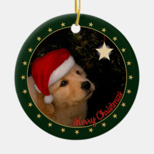 Golden Retriever Welpe mit Weihnachtsmannmütze Keramik Ornament