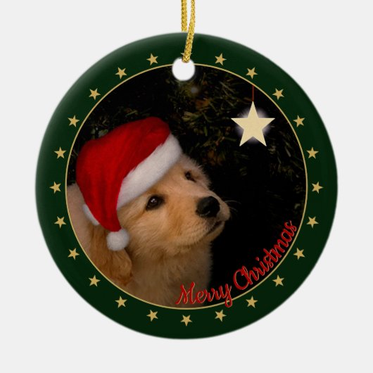Golden Retriever Welpe mit Weihnachtsmannmütze Keramik Ornament (Vorne)
