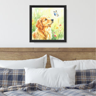 Golden Retriever Welpe & Schmetterling Wasserfarbe Leinwanddruck