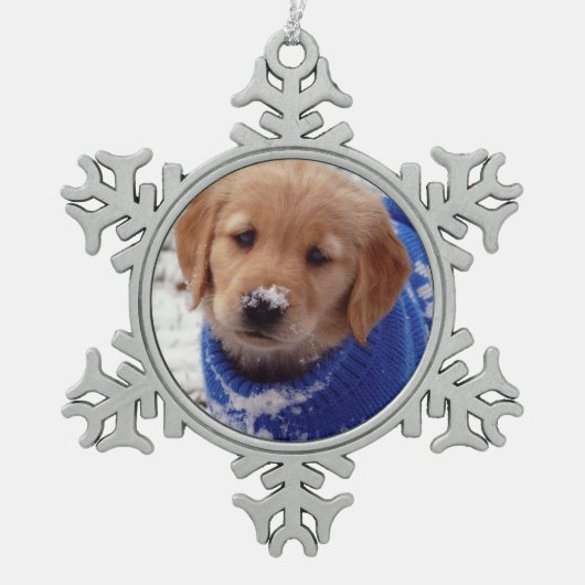 Golden retriever-Welpe Schneeflocken Zinn-Ornament (Vorderseite)