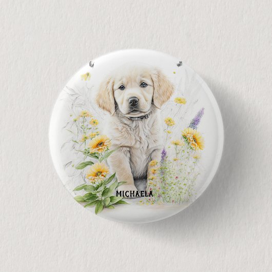 Golden Retriever Welpe und Florals Monogram Name Button (Vorderseite)