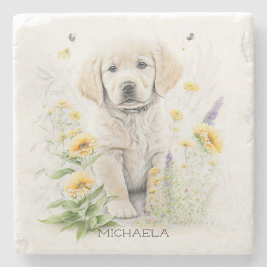 Golden Retriever Welpe und Florals Monogram Name Steinuntersetzer (Vorderseite)
