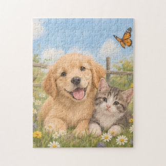 Golden Retriever Welpe und getigerte Katze Puzzle