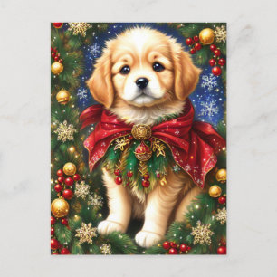 Golden Retriever Welpe Weihnachtsbaum Schneeflocke Feiertagspostkarte