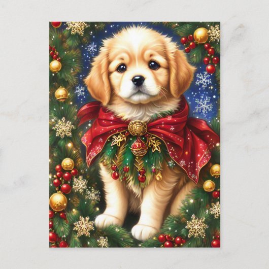 Golden Retriever Welpe Weihnachtsbaum Schneeflocke Feiertagspostkarte (Vorderseite)