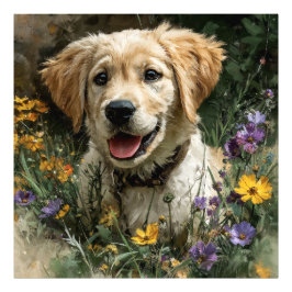 Golden Retriever Welpe Wildblumenwiese Freude Fotodruck