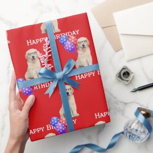 Golden Retriever Welpe zum Geburtstag mit Luftball Geschenkpapier