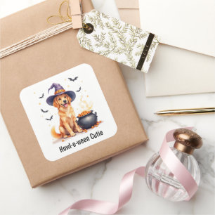 Golden Retriever Welpen Hexe Halloween Aquarell Quadratischer Aufkleber