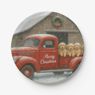 Golden Retriever Welpen in einem alten LKW Weihnac Pappteller