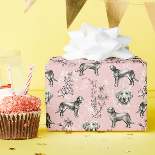 Golden Retriever Wildflower Pink Toile Vintage Geschenkpapier (Geburtstagsparty)