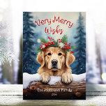 Golden Retriever Winter Pet Portrait Sehr froh Feiertagskarte<br><div class="desc">Diese bezaubernde Urlaubskarte enthält eine niedliche Golden Retriever Hundeschild mit einem festlichen Kronkranz aus Winterfloralen, Heiligen, Kiefern und Beeren, mit Schneeflocken, die sanft gegen eine Schneewaldszene fallen. Der Golden Retriever guckt über den schneebedeckten Holzsteg, um Hallo zu sagen! Der spielerische Text "Very Merry Wishings" fügt einen warmen, saisonalen Gruß hinzu...</div>