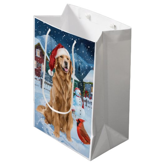 Golden Retriever Winter Wunderland Weihnachtsfreud Mittlere Geschenktüte (Vorderseite Schrägansicht)