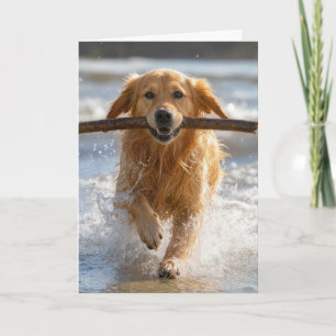 Golden Retriever zum Geburtstag läuft mit Stock Karte