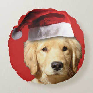 Golden Retriver mit einem Santa Claus-Hut Rundes Kissen