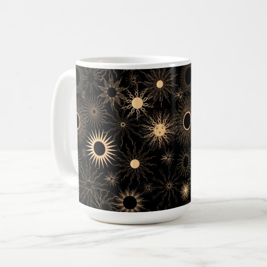 Golden Retro-stylisierte Sonnenstrahlen Kaffeetasse (Vorderseite Links)