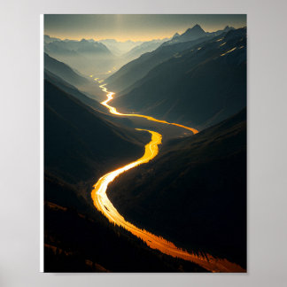 Golden River at Sunset: Mountain Se Poster