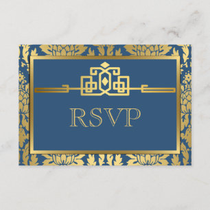 Golden Romance Art Deco RSVP Karte V2 AQUAMARIN