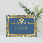 Golden Romance Art Deco RSVP Karte V2 | AQUAMARIN (Stehend Vorderseite)