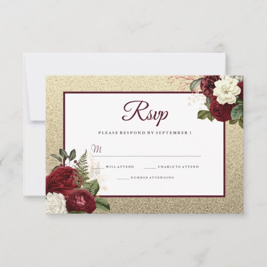 Golden Romantic Burgundy Floral Wedding RSVP Karte (Vorderseite)