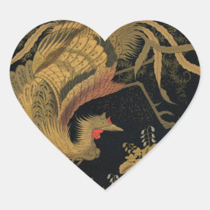 Golden Rooster Bird Japanisch Klassische Antike Herz-Aufkleber
