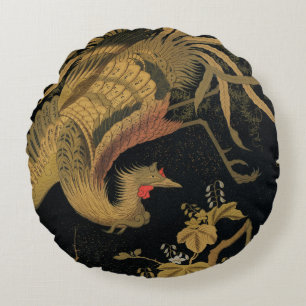 Golden Rooster Bird Japanisch Klassische Antike Rundes Kissen